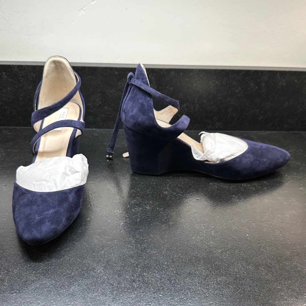 Elegant French Navy Suede Wedge Heels